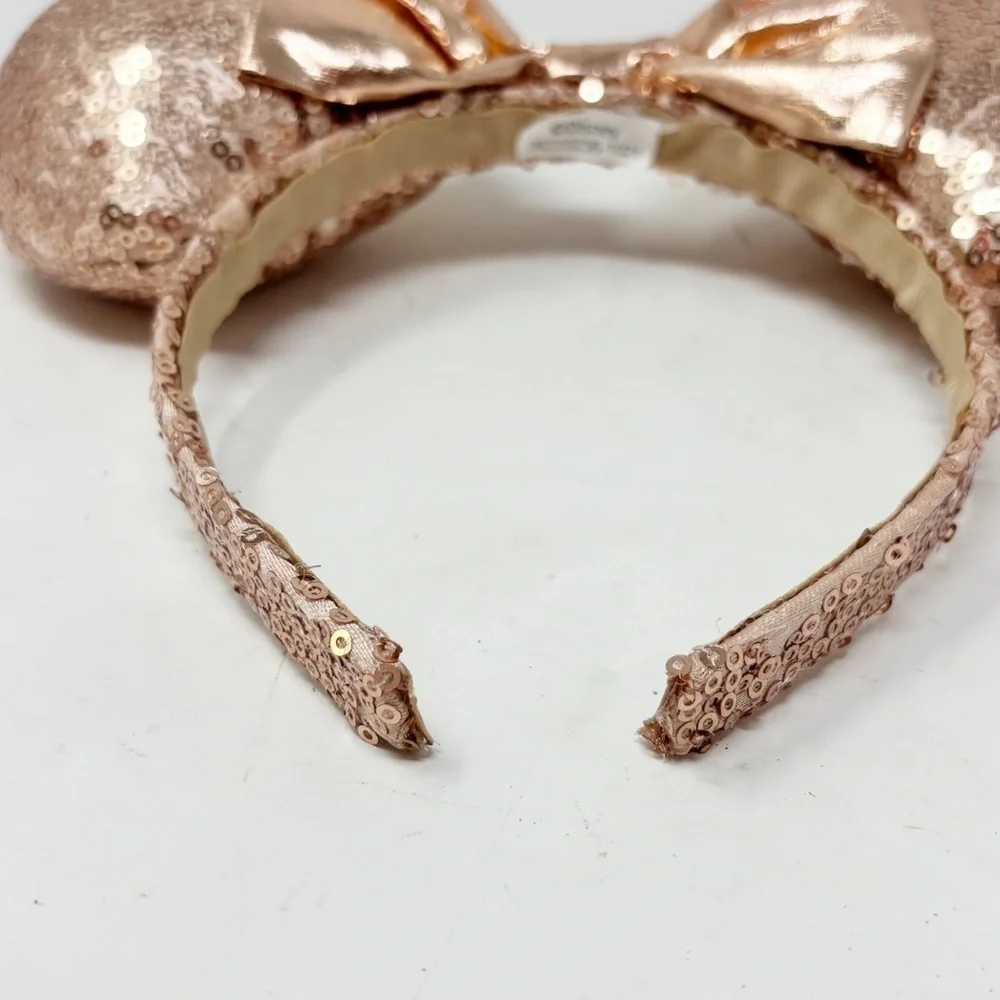 DISNEY PARKS Authentic Rose Gold Sequined Metallic Minnie Mouse Ears Headband